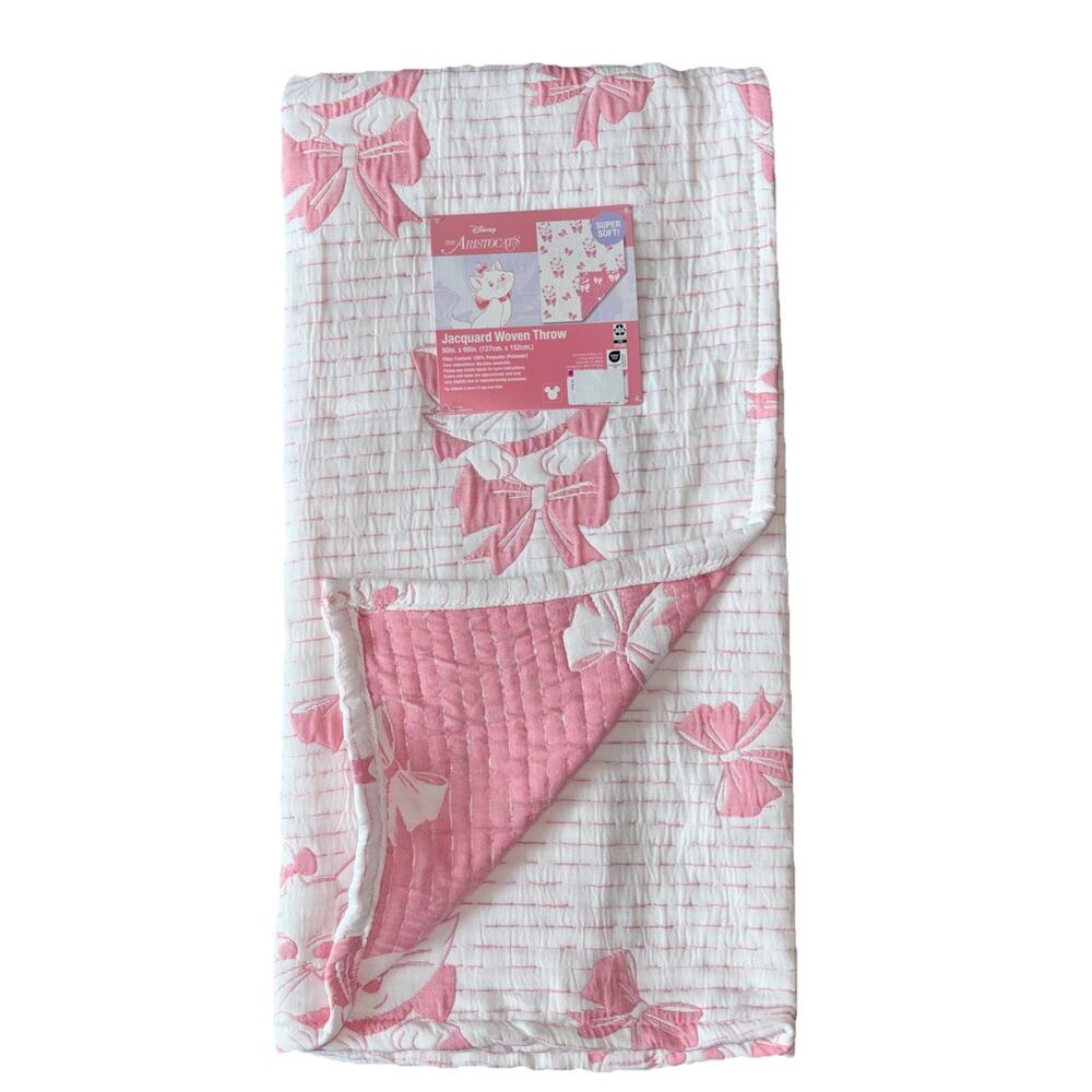 The Aristocats Marie Jacquard Woven Throw Blanket Pink 50x60 Disney Pink Bow NEW